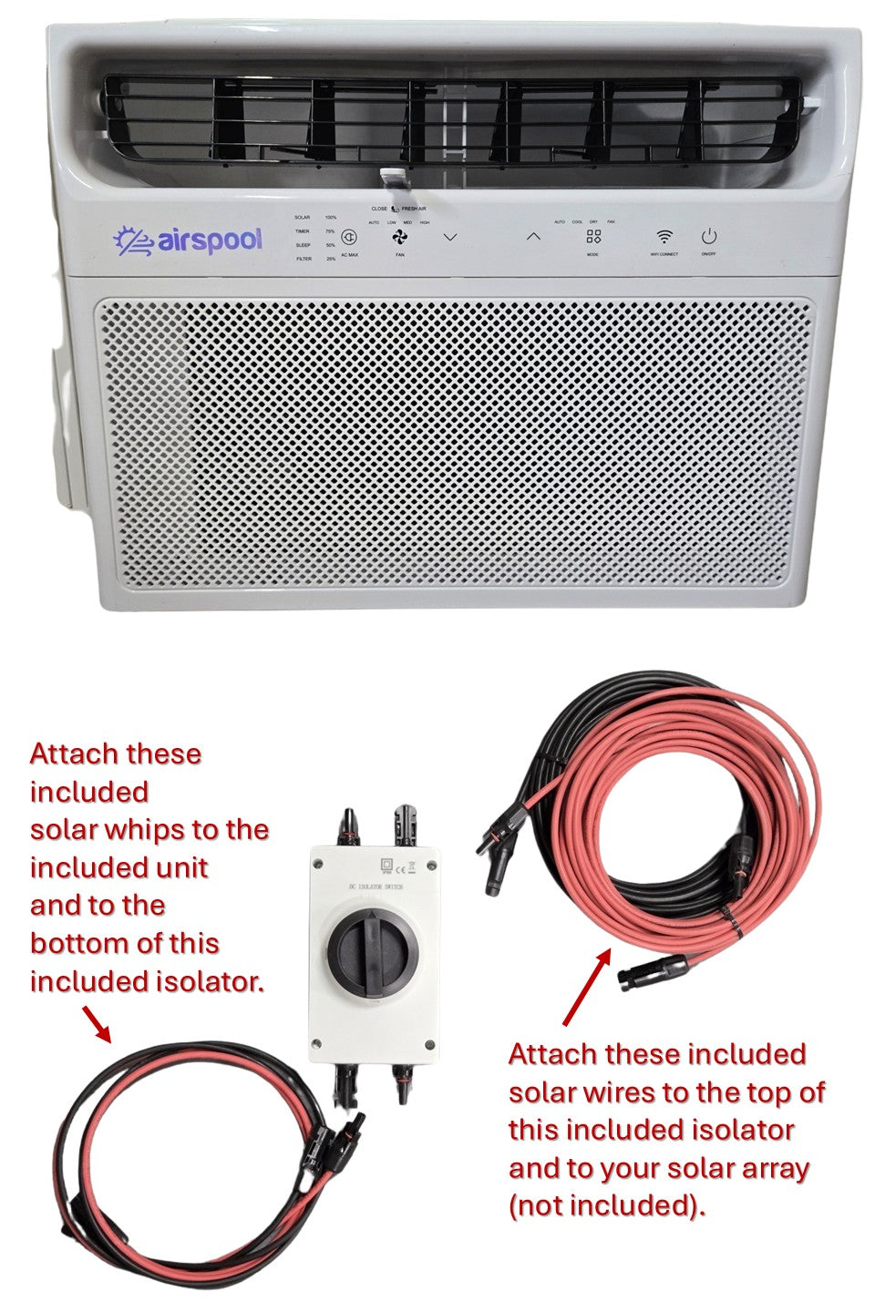 NEW! The world's first solar ac window unit has arrived! The world's best guarantee! Airspool WS12 (12,000 BTU) solar air conditioner (IMPORTANT: NO HEAT ON THIS ONE! COOLING ONLY!) Run solar only, grid only, or automatic combination of the two.