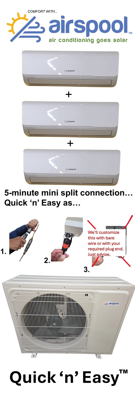 MU36 (36,000 BTU) Quick 'n' Easy hybrid/solar air conditioner/heater. In stock! Ship by next week.5 minutes/zone to connect each indoor unit to the outdoor unit. No HVAC tech needed. 5-year happiness guarantee!