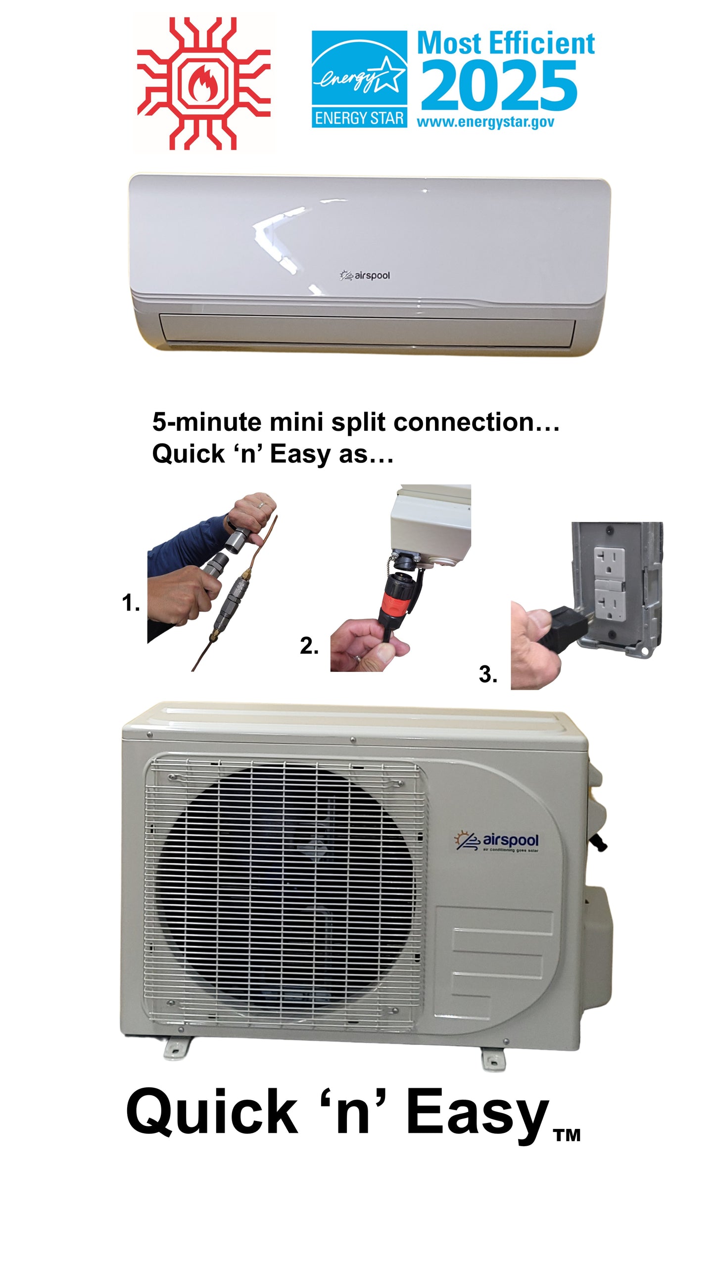 New! Airspool Quick 'n' Easy HS12 (12,000 BTU) solar air conditioner/heater with superheat. The first true DIY hybrid mini split.  5 minutes (literally) to connect everything. 12-month happiness guarantee!