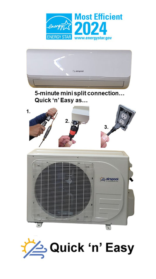 BACK IN STOCK!  Airspool Quick 'n' Easy MS12 (12,000 BTU) solar air conditioner/heater. The first true DIY hybrid mini split.  5 minutes (literally) to connect everything. Get a 30% rebate/tax credit for your purchase. 12-month happiness guarantee!