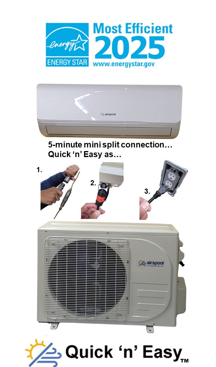 The world's fastest mini-split installation! The world's best guarantee! MS12 (12,000 BTU) Airspool Quick 'n' Easy solar air conditioner/heater. 5 minutes (literally) to connect everything. No HVAC tech needed. 5-year happiness guarantee!