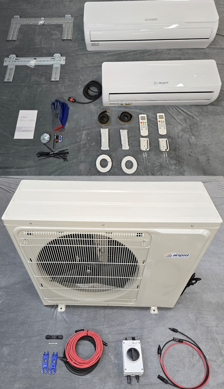 Pre-order for early September delivery! MU24 (24,000 BTU) Airspool Quick 'n' Easy 12-18:  The world's first solar-hybrid multi-split! 5 minutes (literally) to connect each indoor unit to the outdoor unit. No HVAC tech needed. 5-year happiness guarantee!