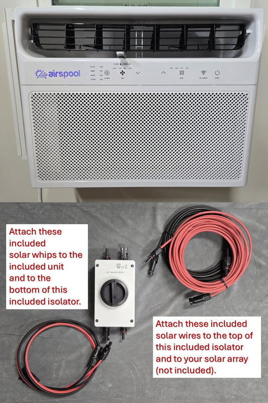 PRE-ORDER WORLD’S FIRST SOLAR HYBRID WINDOW AC UNIT NOW!  Expect to get it 6/25/25. Airspool WS12 (12,000 BTU) solar air conditioner (IMPORTANT:  NO HEAT ON THIS ONE! COOLING ONLY!) Run solar only, grid only, or automatic combination of the two.